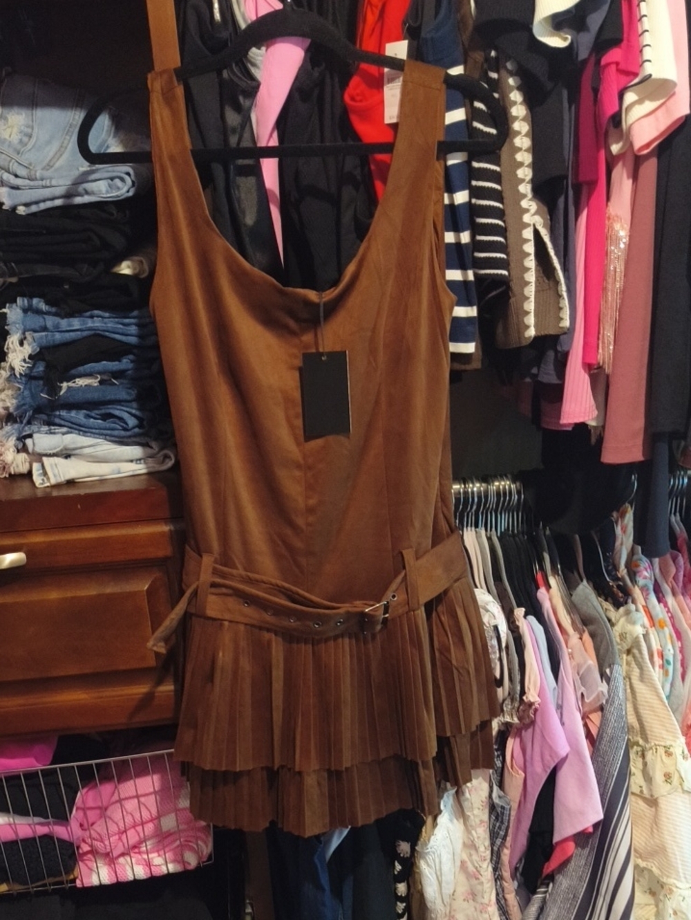 emory park Brown Pleated Mini Dress with Belt